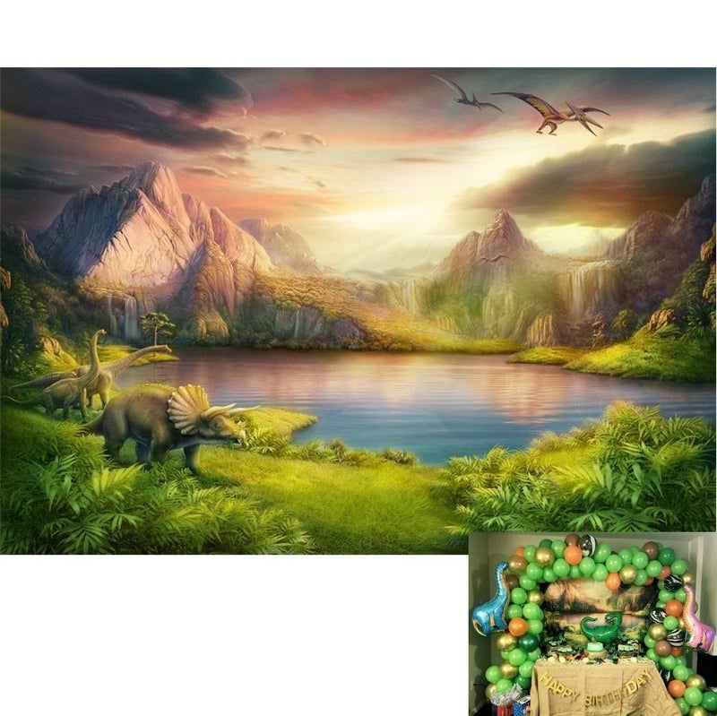 LFEEY Vinyl 7x5ft Dinosaurs Theme Backdrops for Photography Boy Birthday Party Dinosaurs World Mesozoic Forest Mountains Lake Trees Photography Background Kids Baby Shower Portrait Photo Booth Prop - Image 1